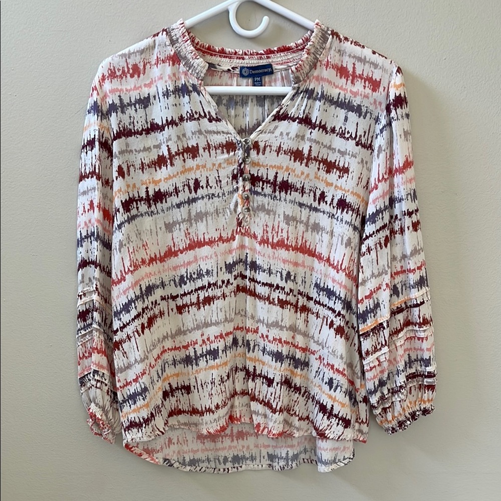 Democracy Colorful Print Long Sleeve Blouse Top Sz PM